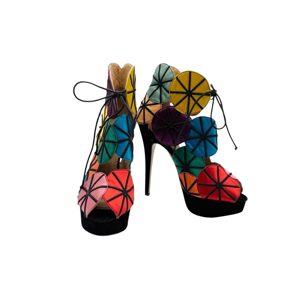 Charlotte Olympia Multicolor Satin and Suede Parasol Platform Sandals Size 37.5
